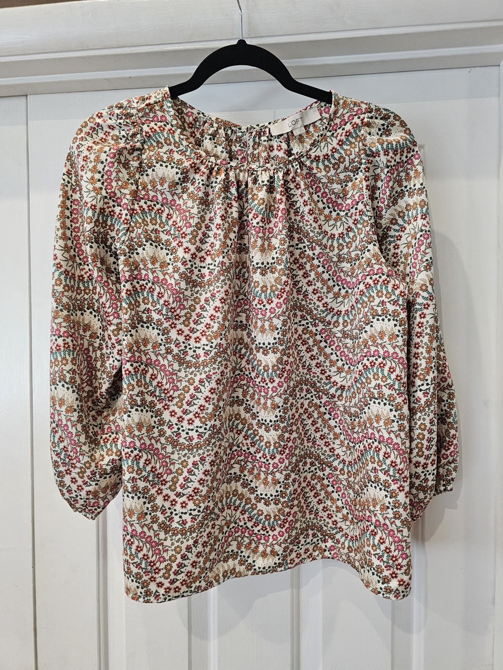 LOFT Cream Floral Peasant Blouse with Pink and Teal Accents